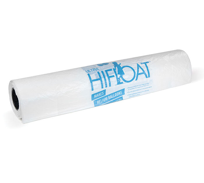 Roll of white plastic Hi-Float transport bags with blue printed text and logos.