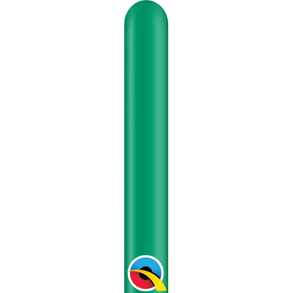Long, thin, green latex balloon with smooth surface and rounded tip, Qualatex brand logo near base.