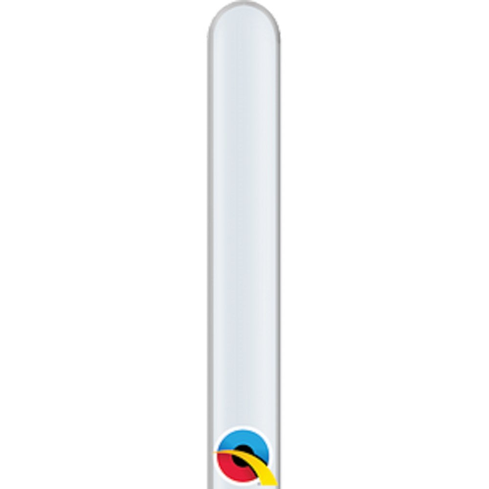 Long, clear latex balloon in a cylindrical shape with a small colorful logo near the bottom.