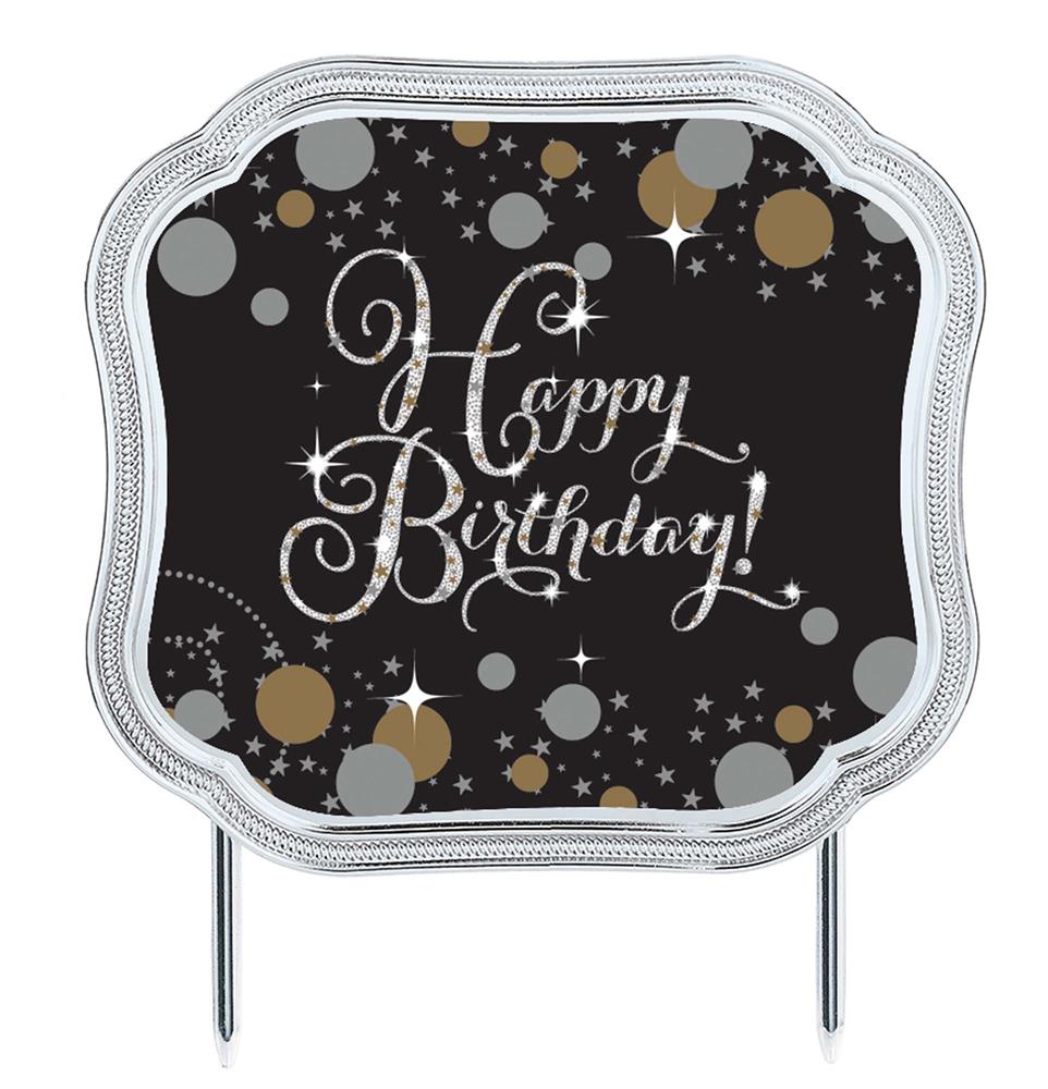 Black and gold Happy Birthday cake topper with sparkling stars and confetti design.