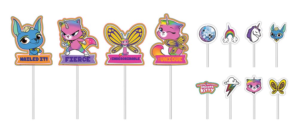 Colorful cupcake toppers featuring rainbow unicorn and butterfly designs with playful text labels.