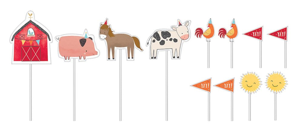 Colorful farm animal and barn cupcake toppers including a red barn, pig, horse, cow, rooster, sunflowers, and party flags on