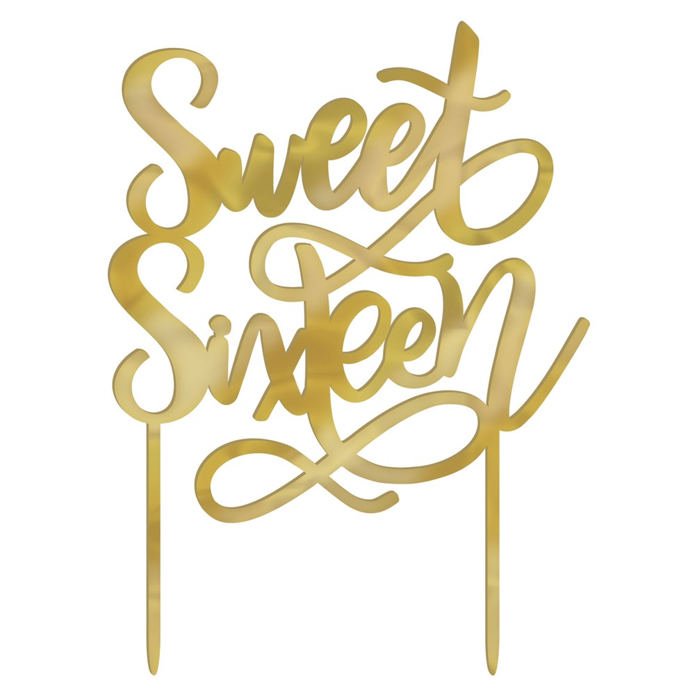Gold script "Sweet Sixteen" cake topper with two prongs for insertion.
