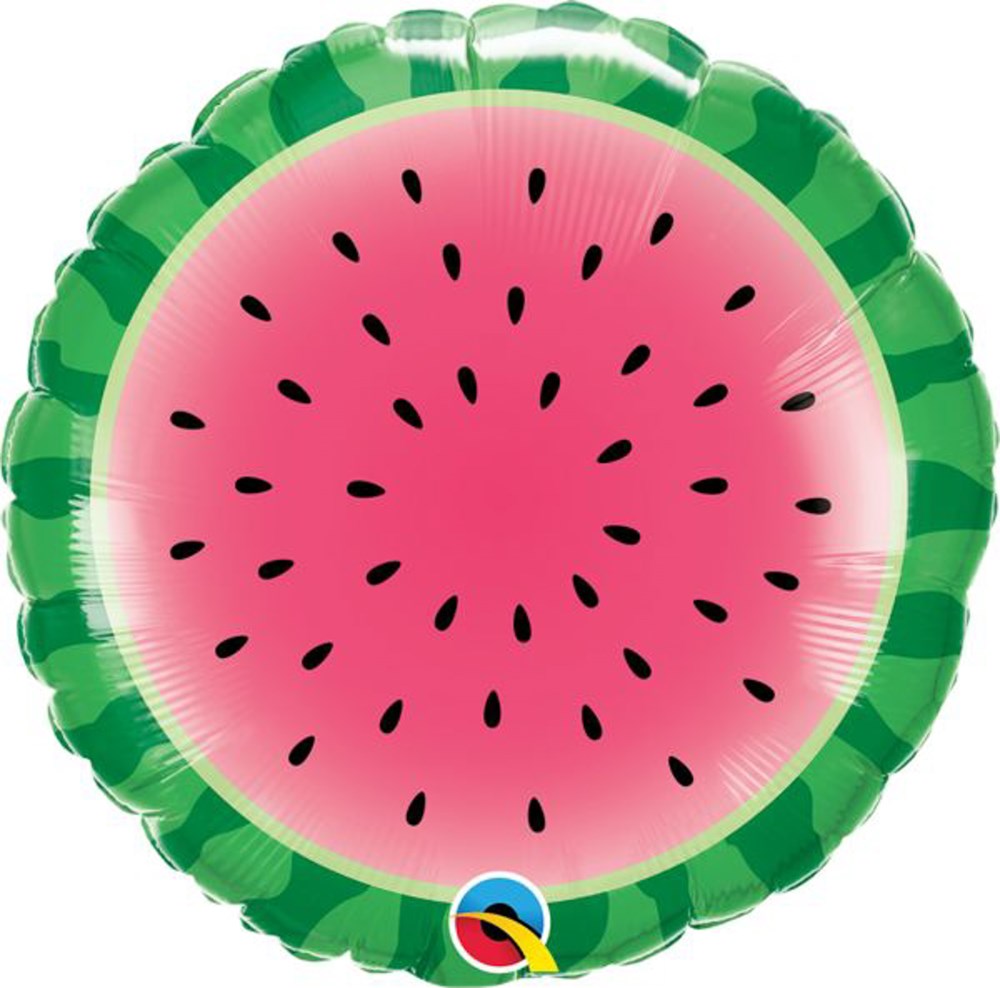 Round foil balloon shaped and printed like a watermelon slice with pink center and green rind.
