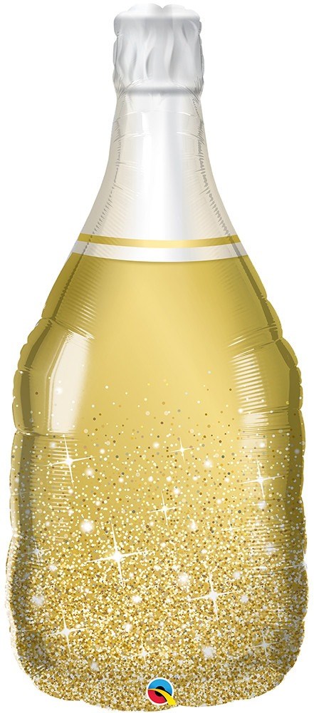 Gold champagne bottle-shaped balloon with glittery bubble design and white foil top.
