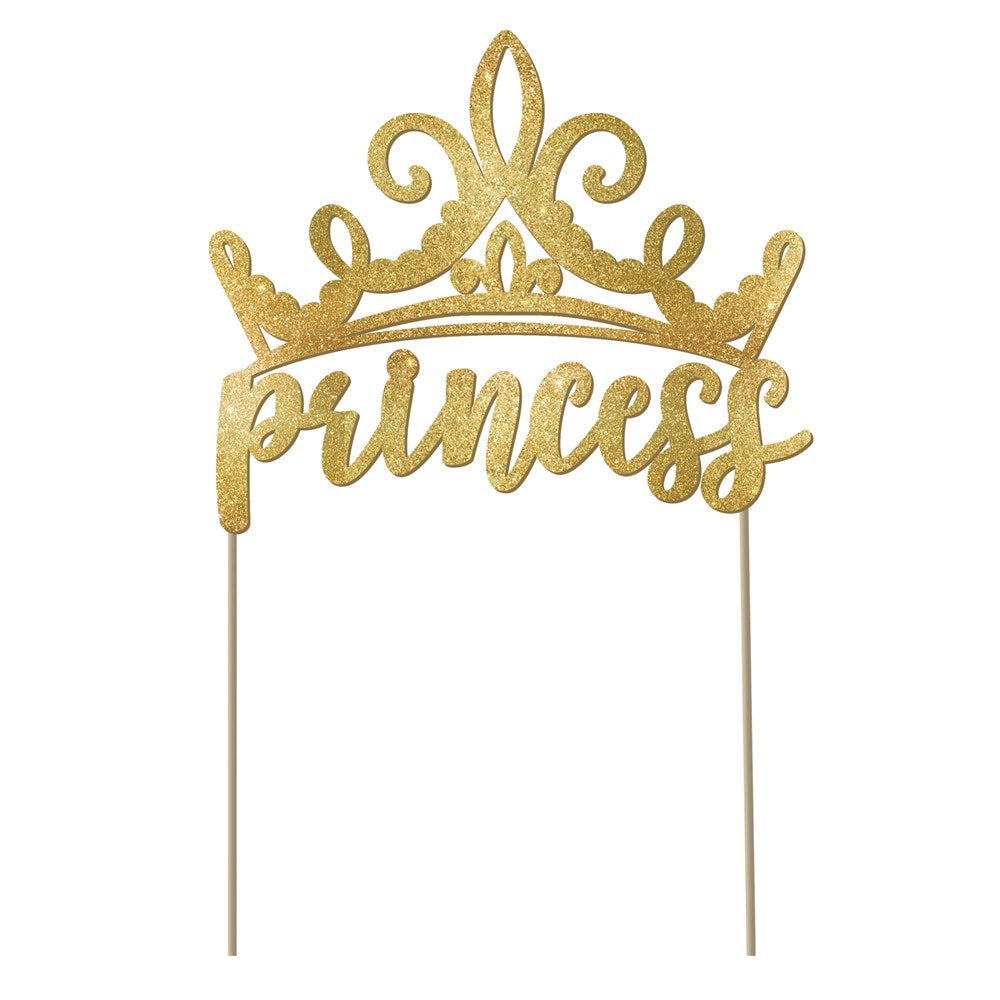 Gold glitter cake topper shaped like a crown with the word "princess" in cursive attached to two thin sticks.