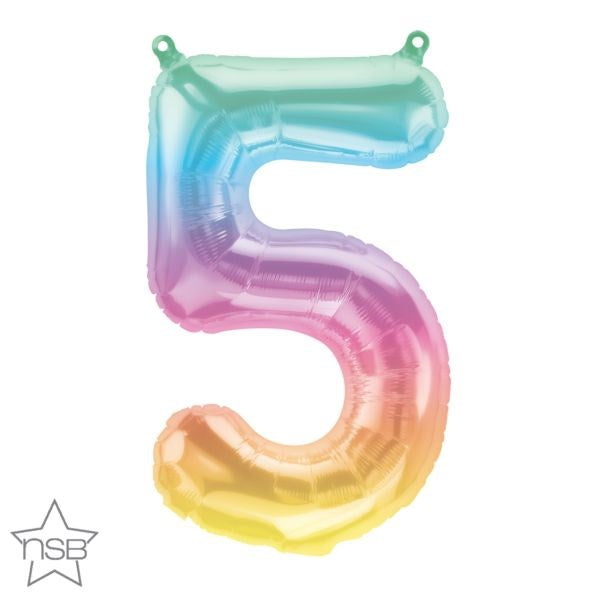 16-inch foil balloon shaped like the number 5 with a blue, purple, pink, and yellow ombre finish.