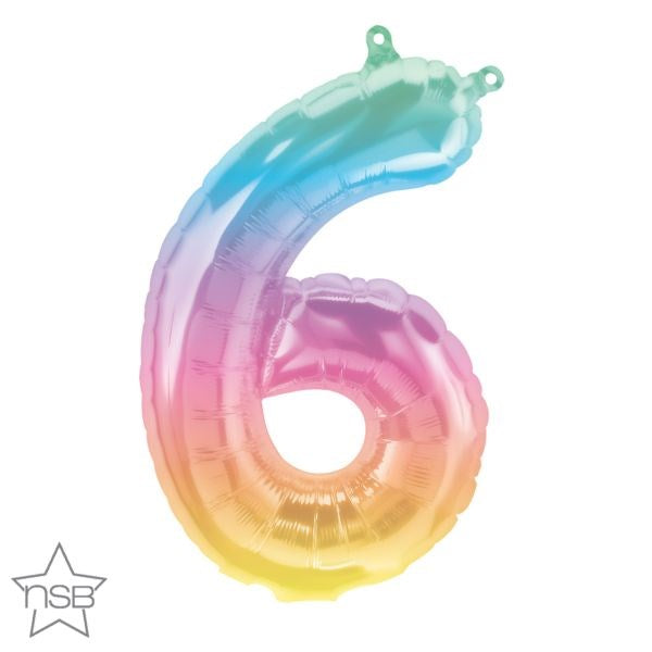 16-inch foil balloon shaped like the number 6 with a blue, pink, and yellow ombre gradient.