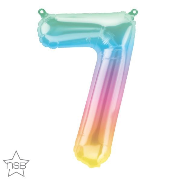 16in foil balloon shaped like number 7 with blue, purple, pink, and yellow ombre colors.