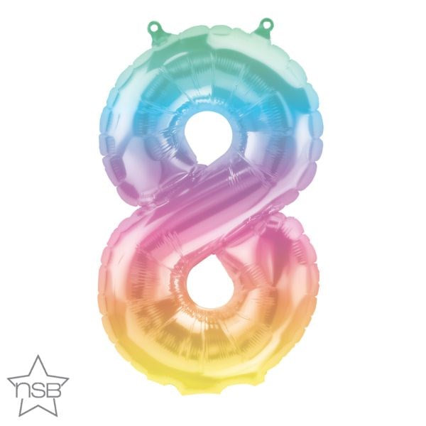 Ombre foil balloon shaped like number 8 with gradient colors from teal to pink to yellow, 16 inches tall.