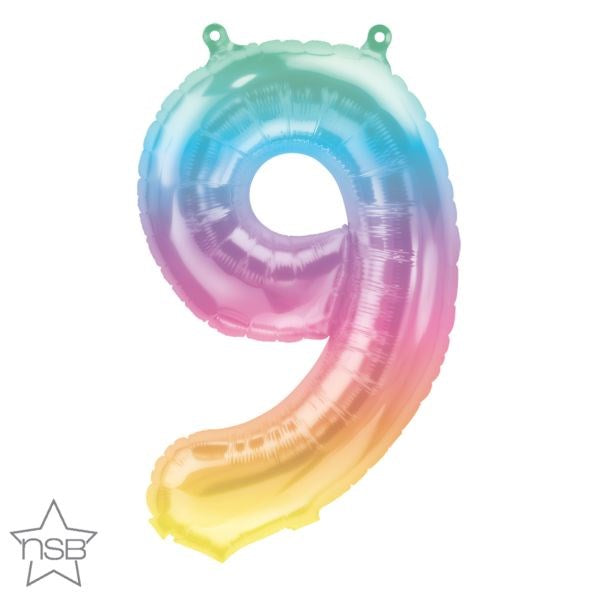 16-inch foil balloon shaped like number 9 with blue, pink, and yellow ombre colors.