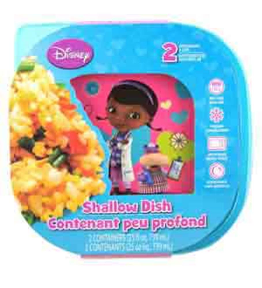 Square blue sandwich container with a pink interior featuring Doc McStuffins holding a stethoscope design.