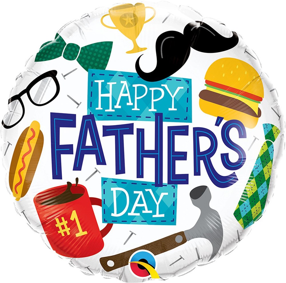 Round foil balloon with colorful Father's Day icons, "#1" red mug, mustache, burger, tie, glasses, and wrench.