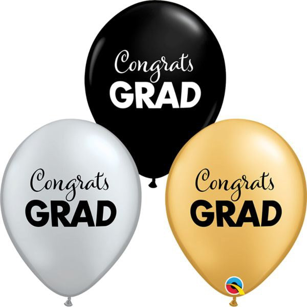 Black, gold, and silver 11-inch latex balloons with "Congrats GRAD" printed in white and black lettering.