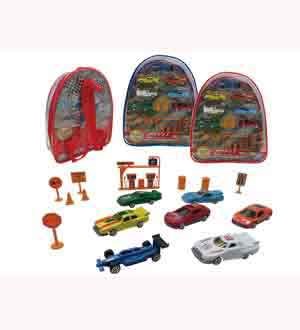 Clear plastic backpack with red trim containing multiple colorful diecast toy cars and small road signs displayed outside.