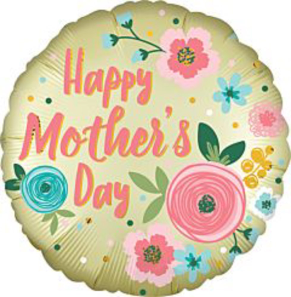 Round pastel yellow foil balloon with "Happy Mother's Day" in pink script and colorful floral designs.