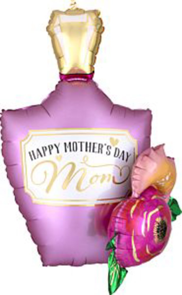Pink satin perfume bottle-shaped foil balloon with gold crown cap and "Happy Mother's Day Mom" text, paired with a large.