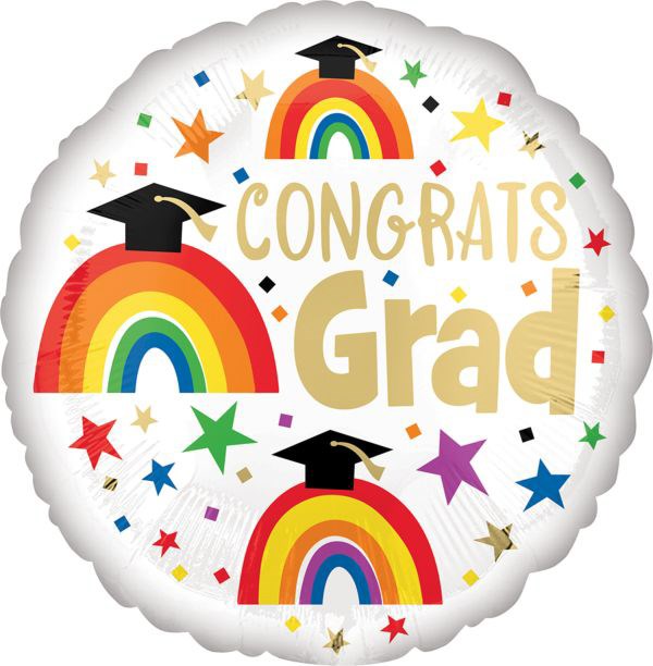 White round foil balloon with colorful rainbows, black graduation caps, multicolored stars, and gold "Congrats Grad" text.