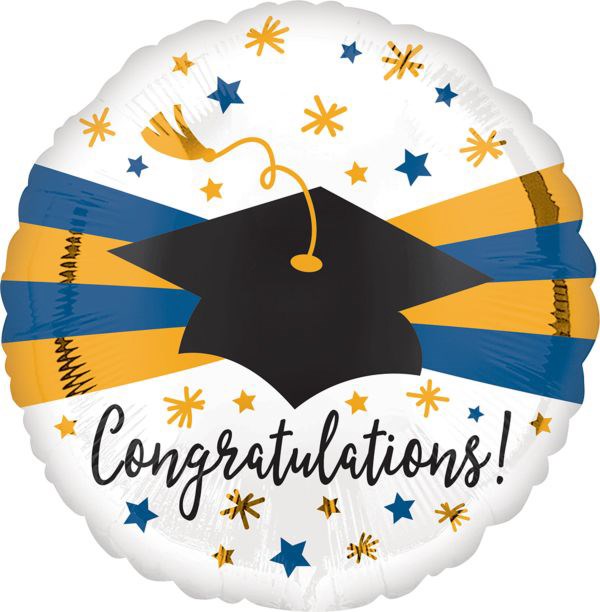 Round foil balloon with blue and gold stripes, black graduation cap, and "Congratulations!" text with stars and confetti.