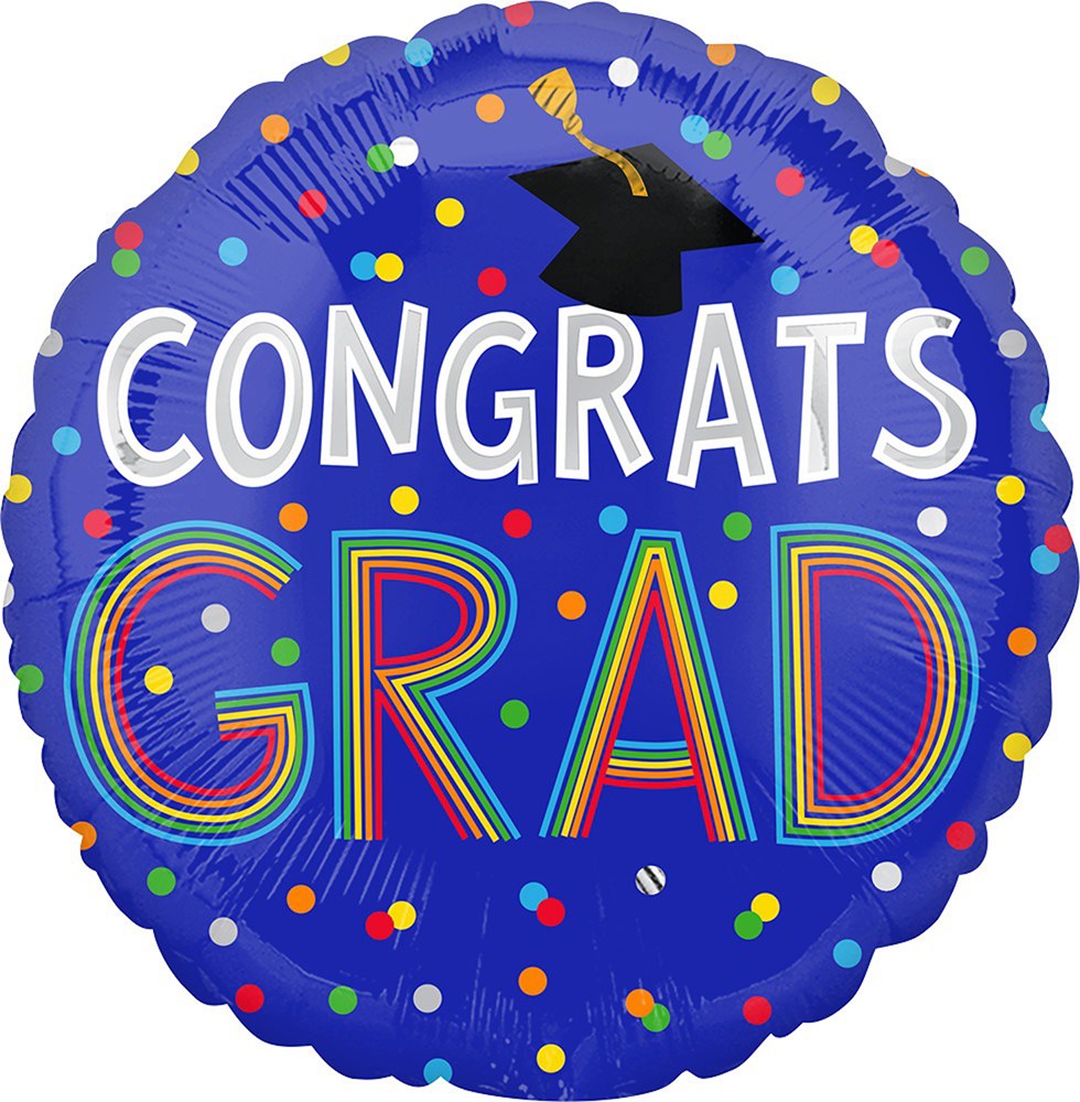 Round blue foil balloon with colorful confetti dots, "Congrats Grad" text, and a black graduation cap illustration.