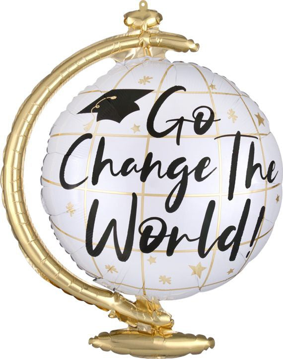 Gold and white 23-inch foil balloon shaped like a globe with "Go Change The World!" text and graduation cap design.