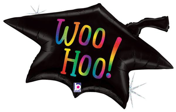 Black holographic foil balloon shaped like a graduation cap with colorful "Woo Hoo!" text.