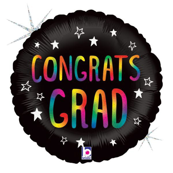 18-inch round black foil balloon with holographic rainbow "Congrats Grad" text and white star accents.