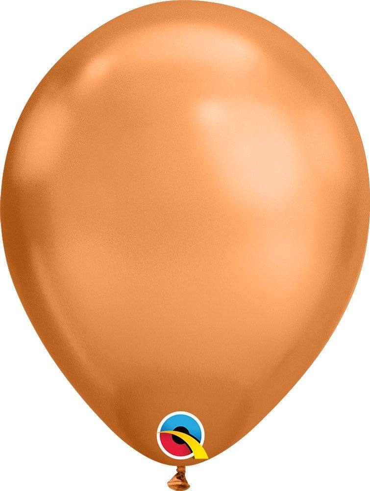 Shiny chrome copper latex balloon inflated to 11 inches with smooth surface and rounded shape.
