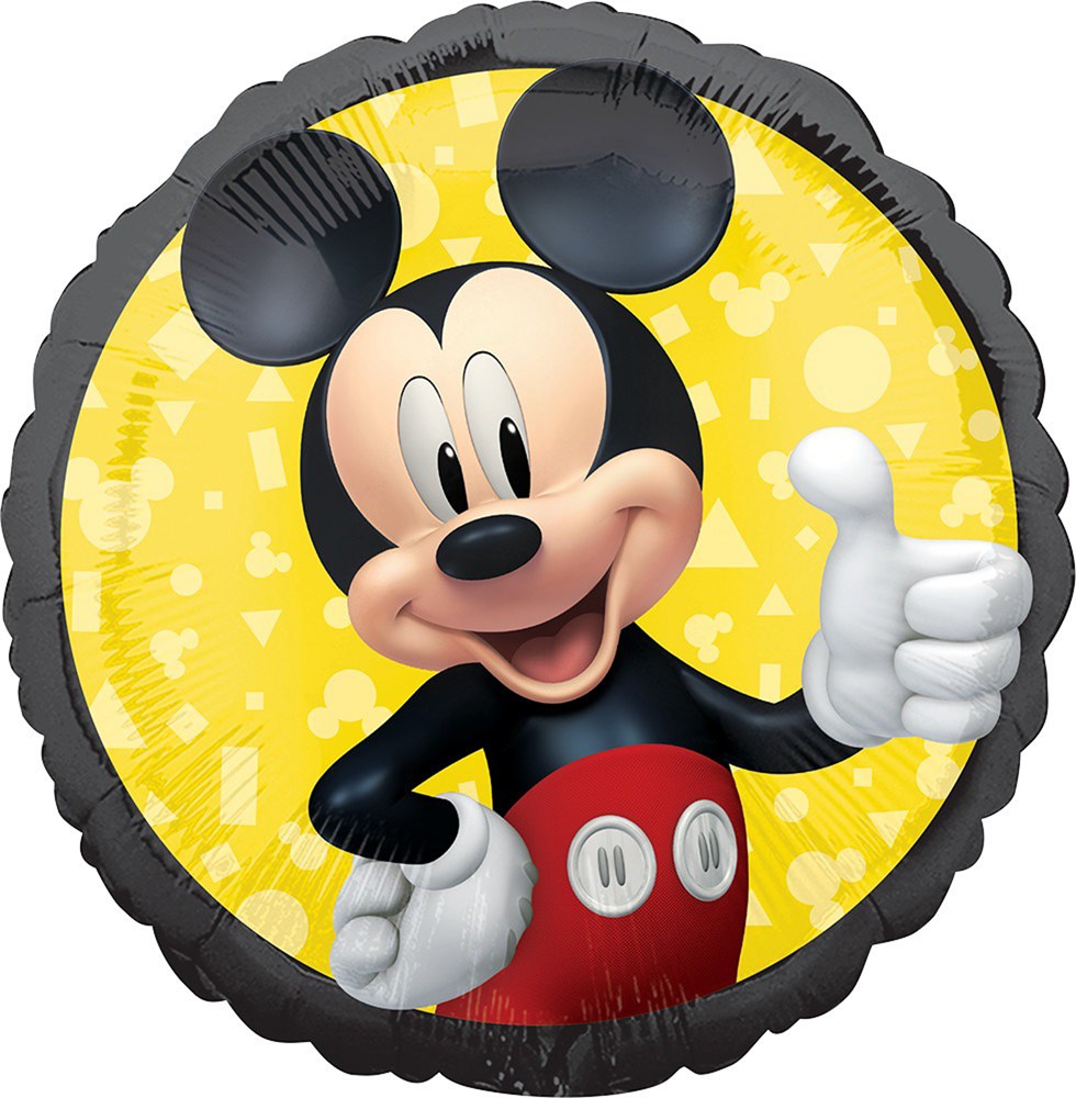 Round foil balloon featuring Mickey Mouse giving thumbs up on a yellow background with subtle Disney icons.