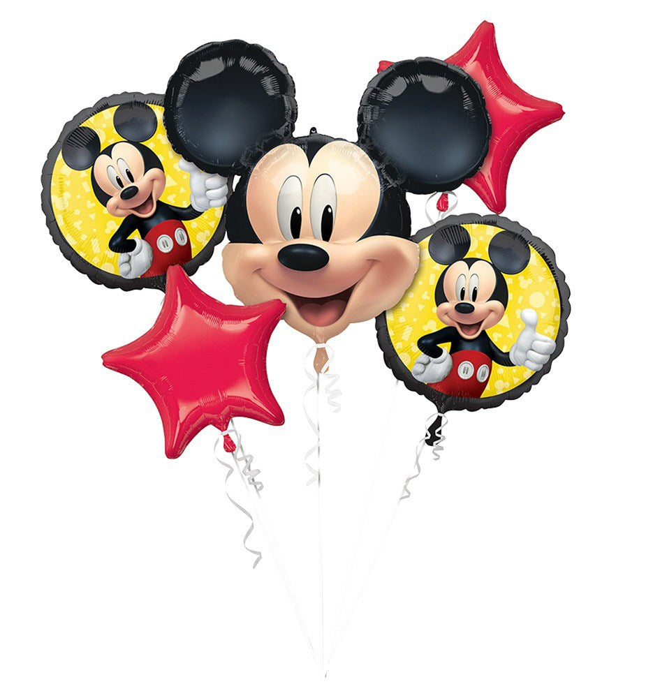 Mickey Mouse foil balloons bouquet with large central Mickey head, two round balloons featuring Mickey, and two red.