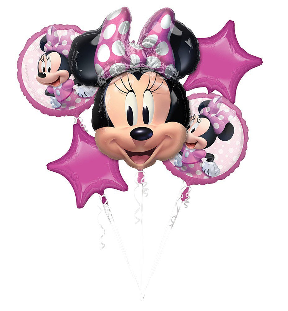 Pink and black foil balloons featuring Minnie Mouse faces and pink star shapes with white polka dot bow accents.