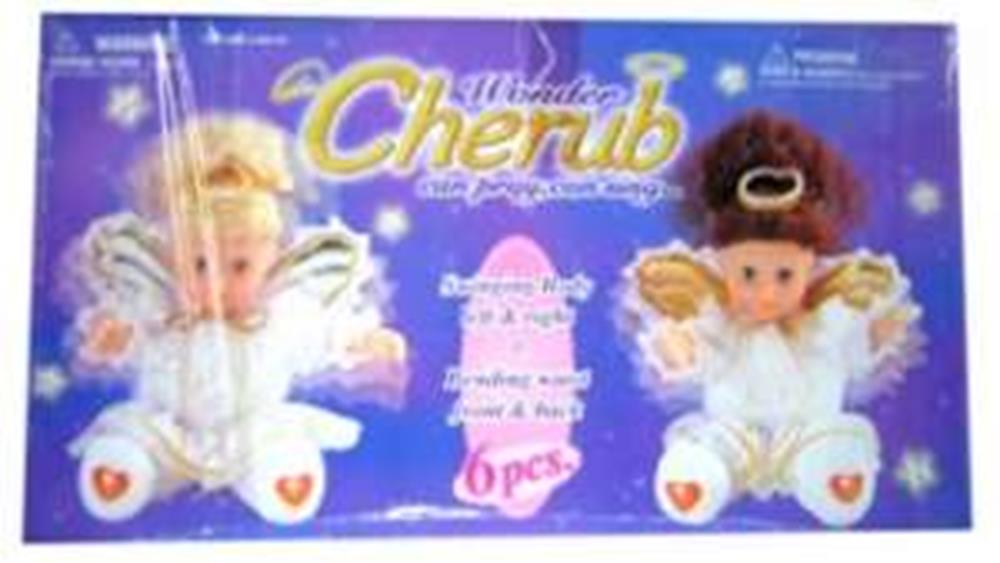 Set of six small cherub angel toys with golden wings, white outfits, and heart details on feet in purple packaging.