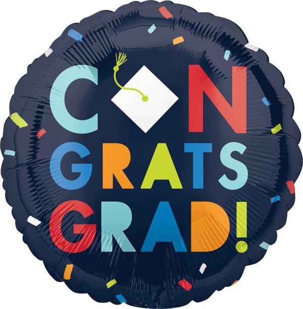 Round navy blue foil graduation balloon with colorful "Congrats Grad!" text and a white graduation cap graphic, decorated.