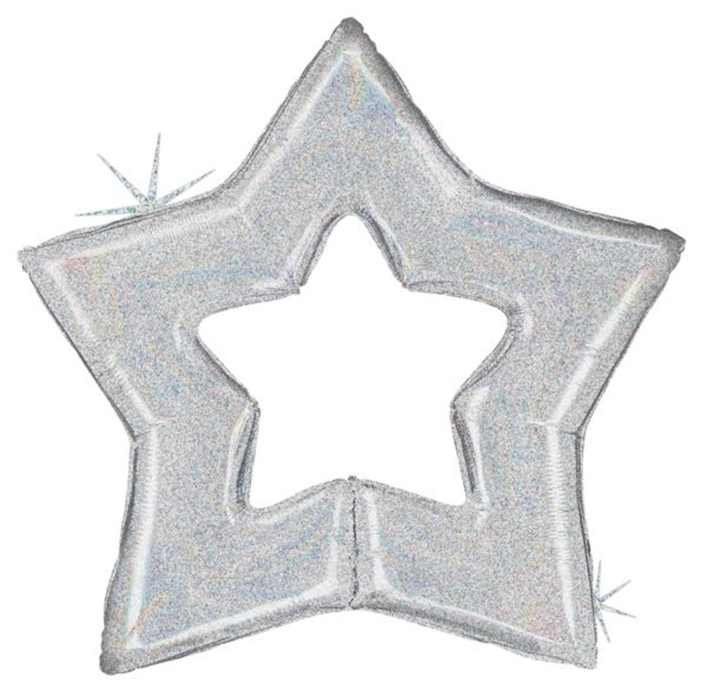 Silver holographic foil star balloon with hollow center and 38-inch width.