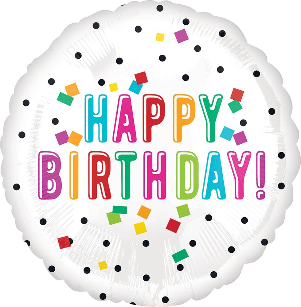Round white foil balloon with colorful "Happy Birthday!" text and multicolored confetti dots and squares.