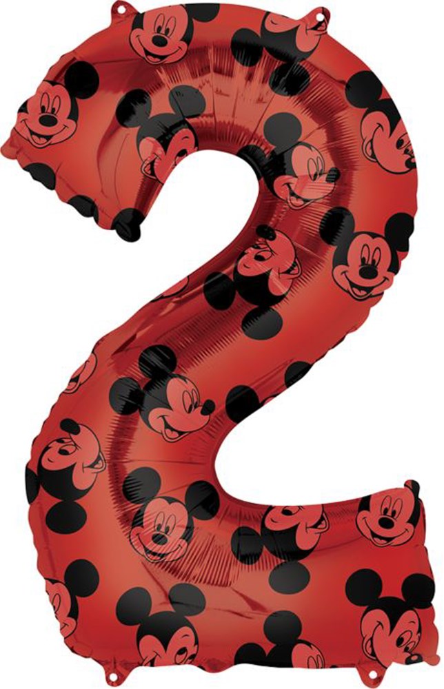 Red foil number 2 balloon with repeating black and red Mickey Mouse faces pattern.