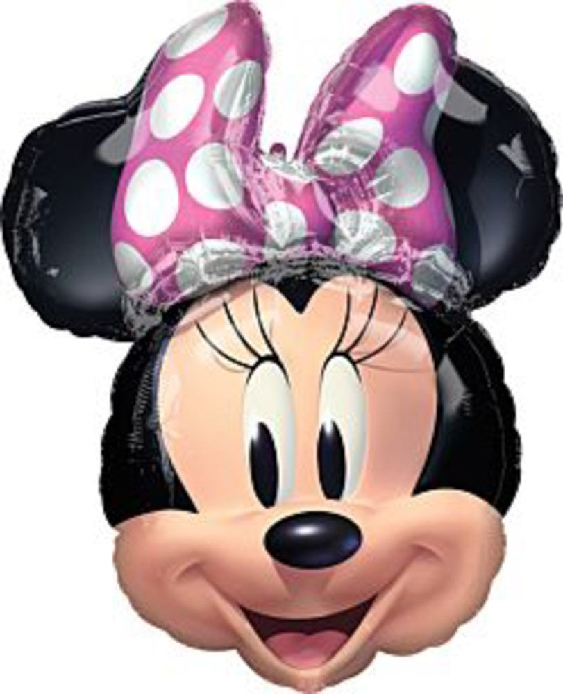 Foil balloon shaped like Minnie Mouse's head with black ears and a pink bow with white polka dots.