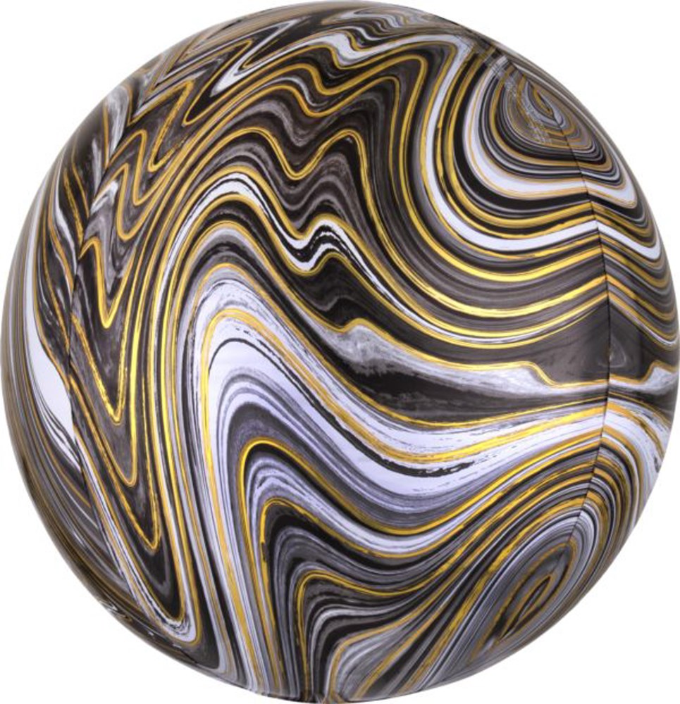 16-inch black marble-patterned orb balloon with gold and white swirls, flat finish.