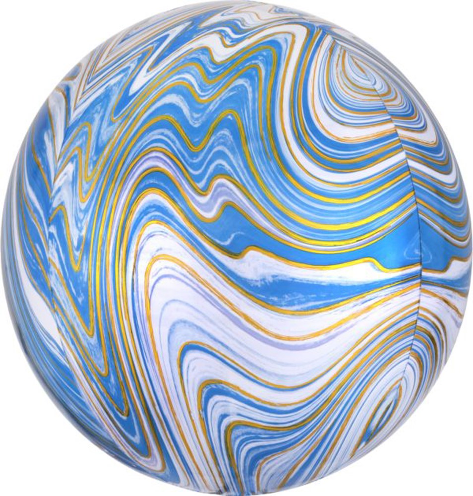 16-inch round foil balloon with blue, white, gold, and gray marble swirl pattern.