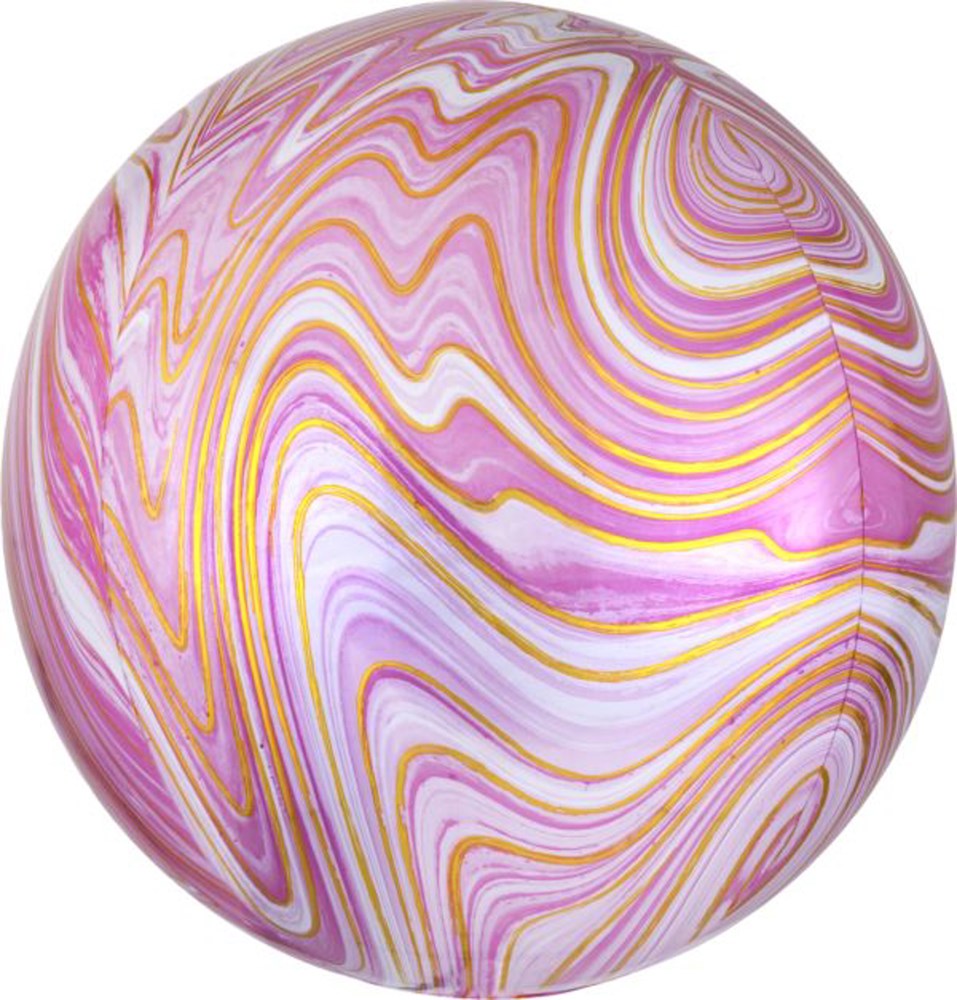 16-inch round balloon with pink, white, and gold marble swirl pattern.