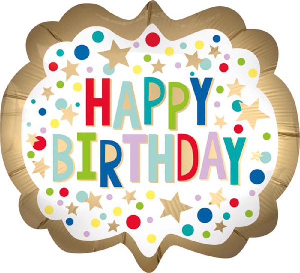 25-inch gold scalloped foil balloon with colorful dots and "Happy Birthday" text in bright letters.