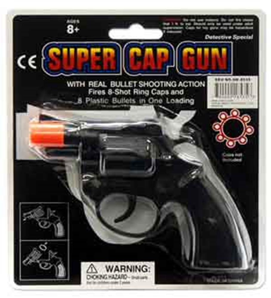 Black plastic toy cap gun with orange tip, revolver style, packaged on black backing card.