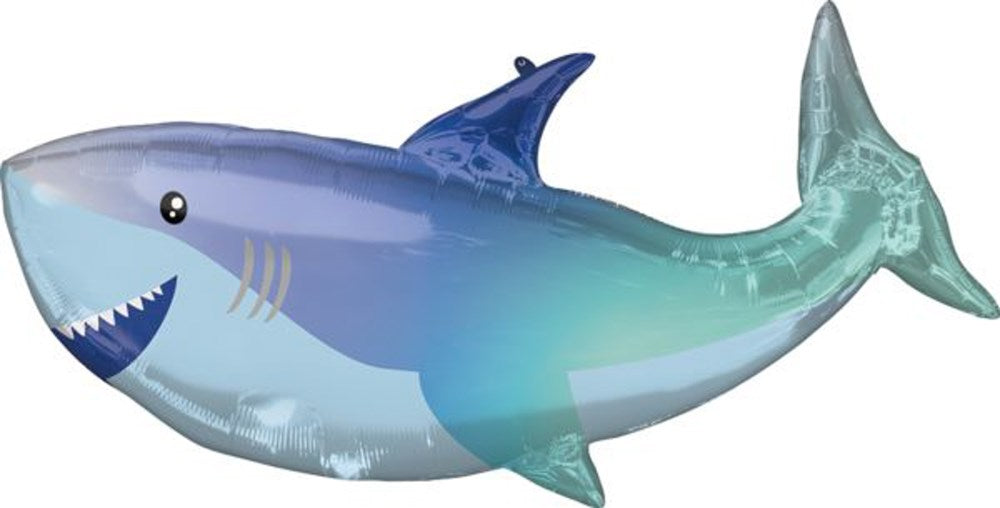 38-inch foil balloon shaped like a smiling blue and teal shark with white teeth and fin details.