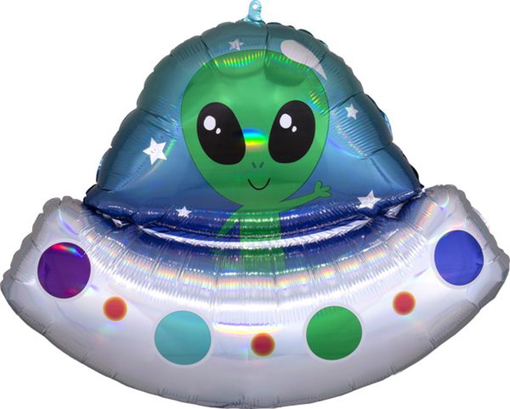 Iridescent foil balloon shaped like a green alien in a silver spaceship with colorful round windows and white stars.