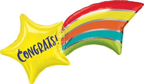 Yellow star-shaped foil balloon with blue "CONGRATS!" text and a rainbow-colored shooting star tail.