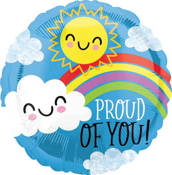 Round blue foil balloon with smiling sun, white cloud, colorful rainbow, and "Proud of You!" text in black.