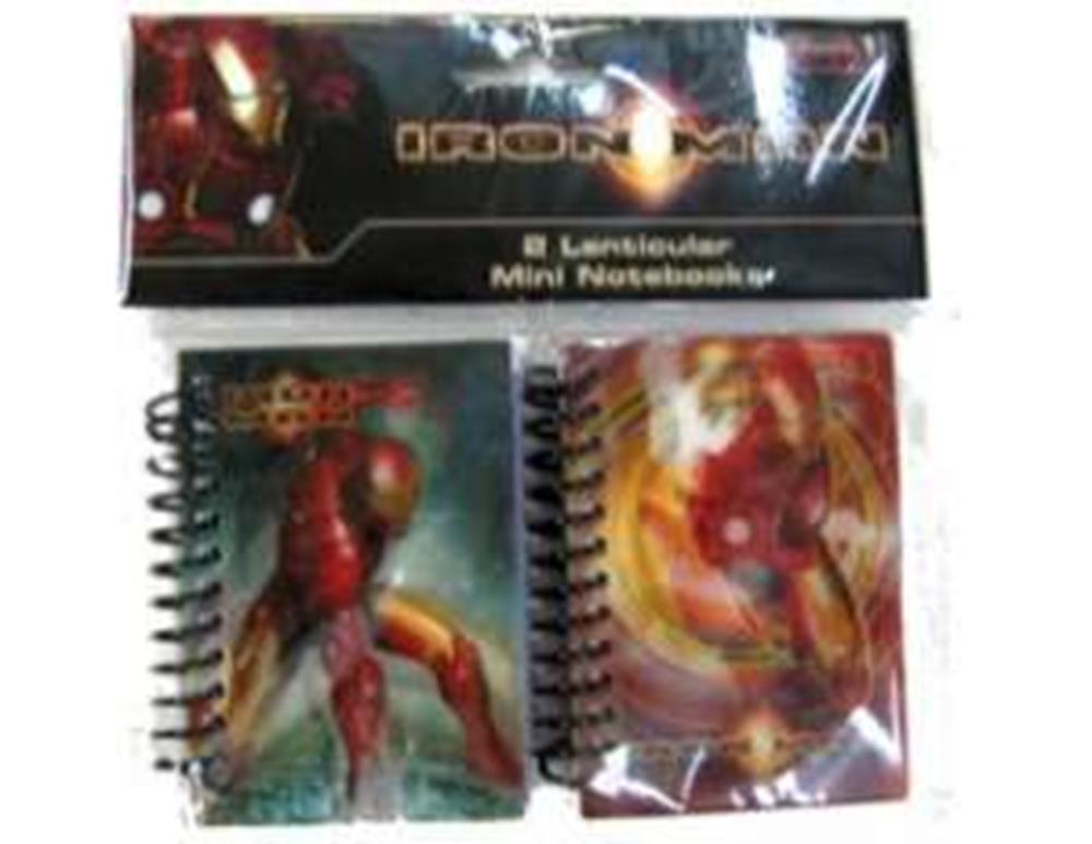 Two Iron Man mini notebooks with spiral bindings, featuring vibrant superhero cover art in red, gold, and yellow tones.
