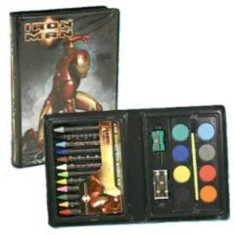 Iron Man-themed art set with crayons, colored pencils, watercolor paints, sharpener, and eraser in black case.