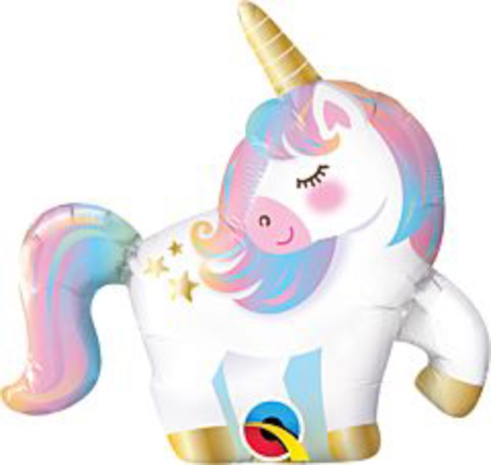 14-inch foil balloon shaped like a white unicorn with pink, blue, and purple mane and tail, gold horn and hooves, closed.