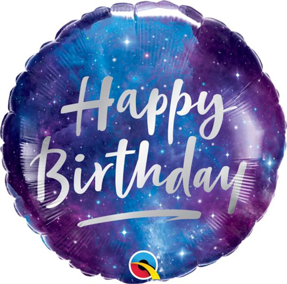 Round foil balloon with galaxy print in shades of blue and purple, white "Happy Birthday" text centered.
